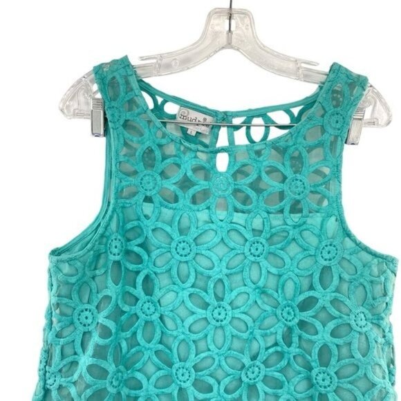 Mud Pie Crochet Eyelet Daisy Sleeveless Teal Shift Dress - Picture 2 of 13